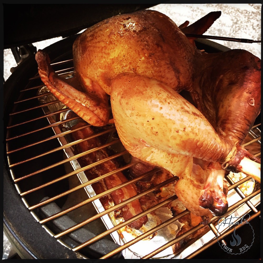 Turkey on the grate, with gravy drip pan