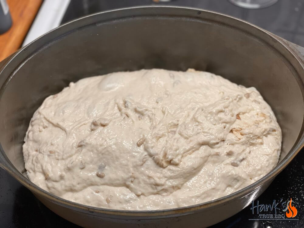 Slow bread - the dough just added to the Dutch Oven
